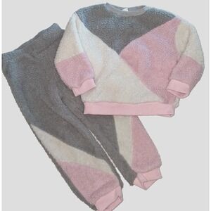 2 Piece Sherpa Top & Bottoms Toddler Girl Pink Gray White Set Size 4T